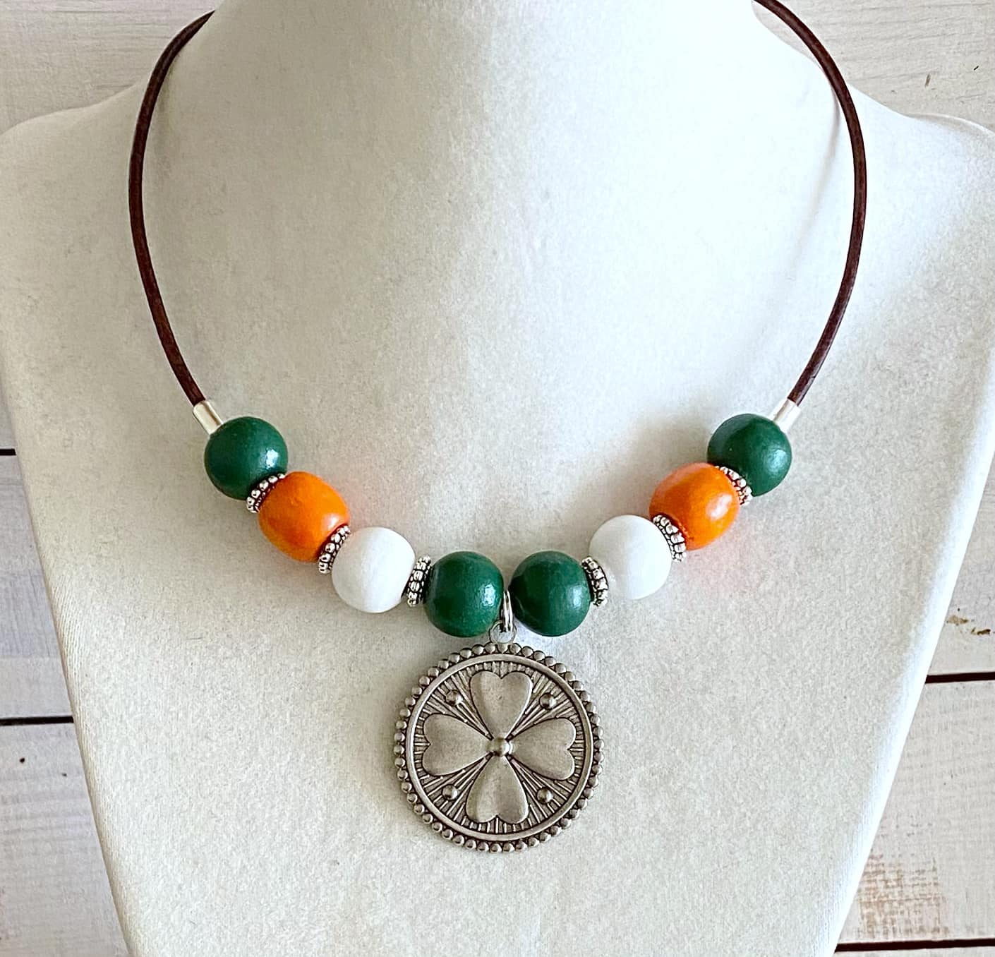 Irish St. Patrick's Day 4 Lucky Leaf Clover Beaded Leather Cord Necklace You Select Necklace Length