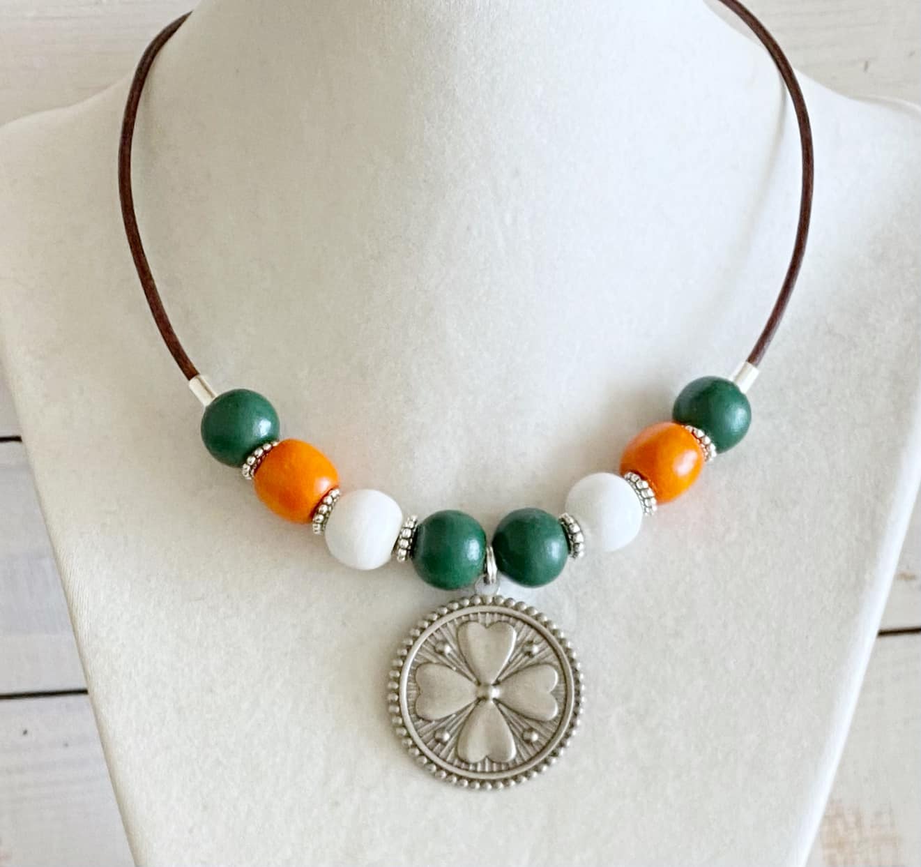Irish St. Patrick's Day 4 Lucky Leaf Clover Beaded Leather Cord Necklace You Select Necklace Length