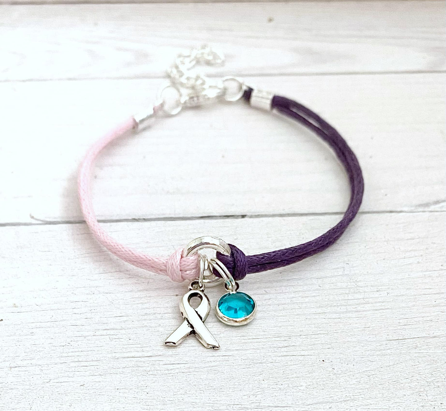 Thyroid Awareness Bracelet With Crystal Charm You Select Bracelet Length Cord Color and Crystal Color Thyroid Cancer Hashimotos Graves Lupus