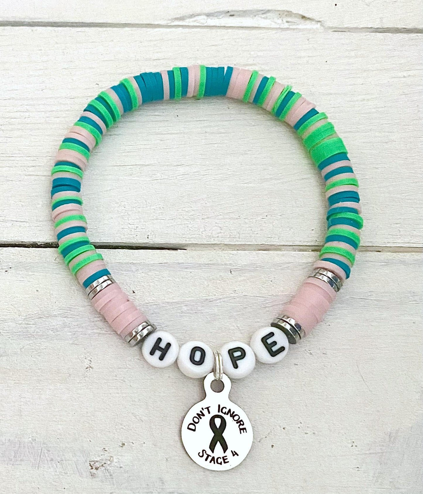 Metastatic Breast Cancer Awareness Don't Ignore Stage 4 HOPE LOVE SURVIVOR Stretch Bracelet You Select Wording and Bracelet Size