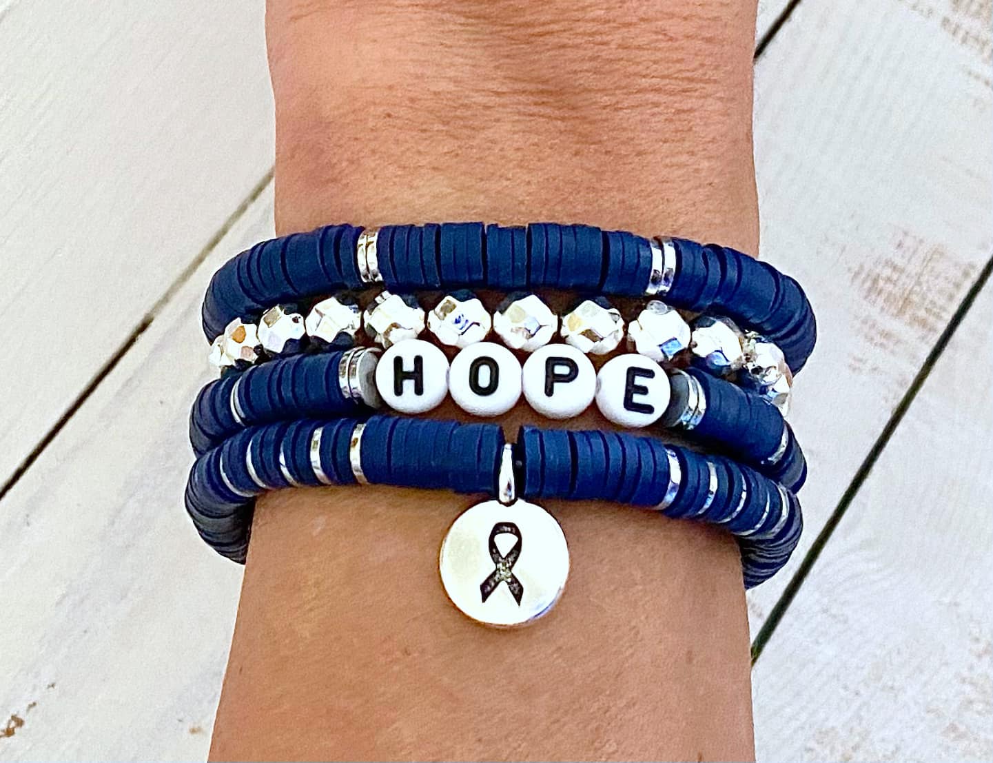 Colon Cancer Awareness Blue Ribbon Stacked Stretch Bracelet Set Survivor Hope Love You Select Bracelet Length and Wording Arthritis Dystonia