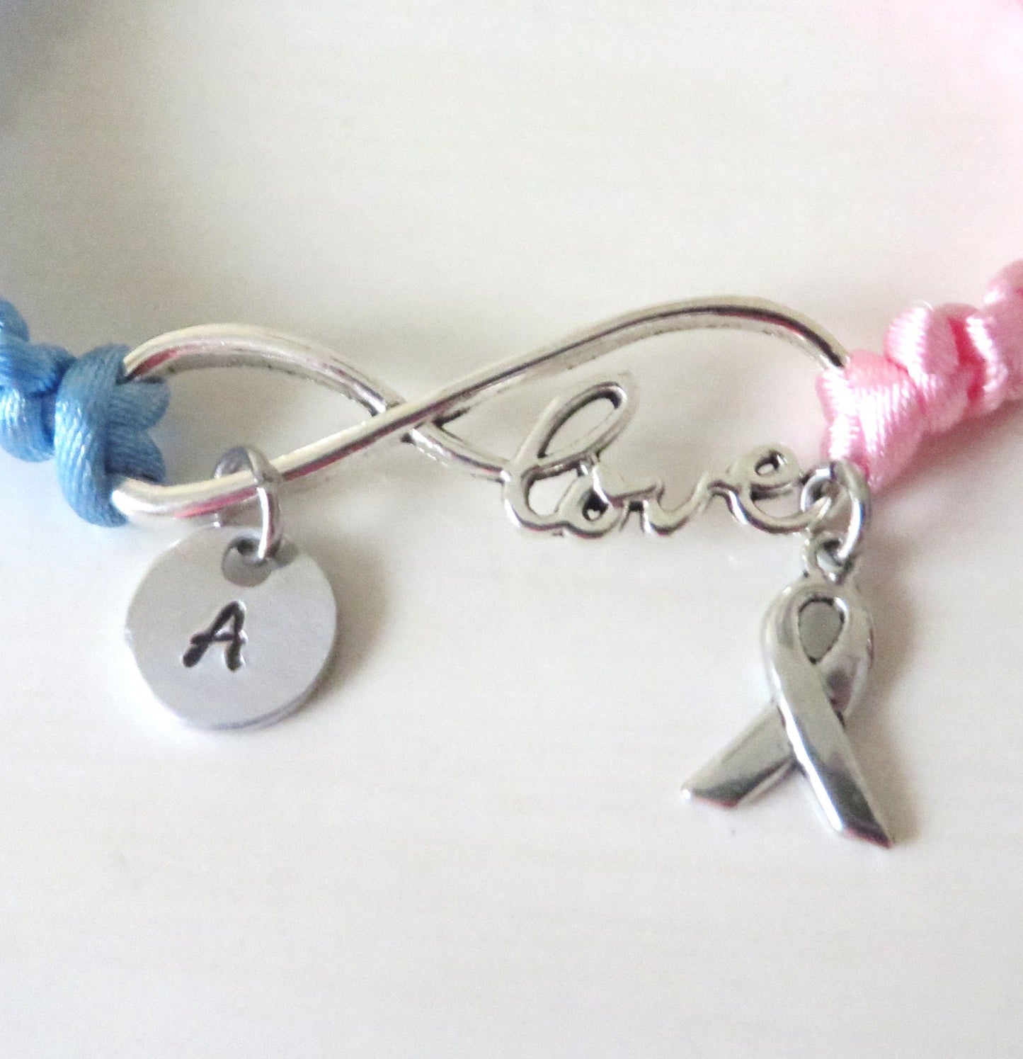 Prostate Cancer LOVE Awareness Charm Infinity Bracelet With Optional Hand Stamped Alphabet Letter Charm
