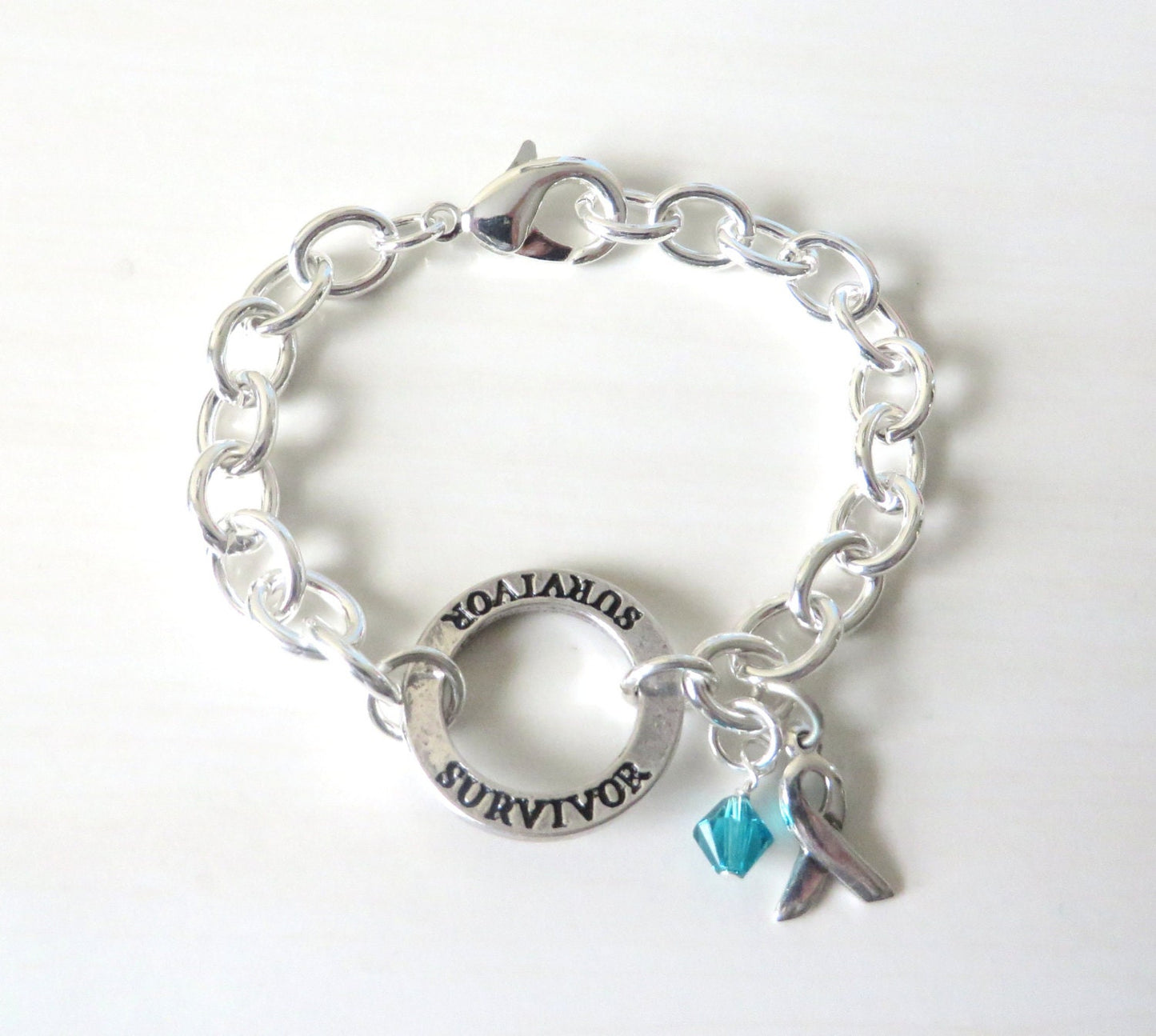Survivor Teal Crystal Charm Bracelet Ovarian Cancer Tourettes Syndrome Ocd Anxiety Awareness Ptsd