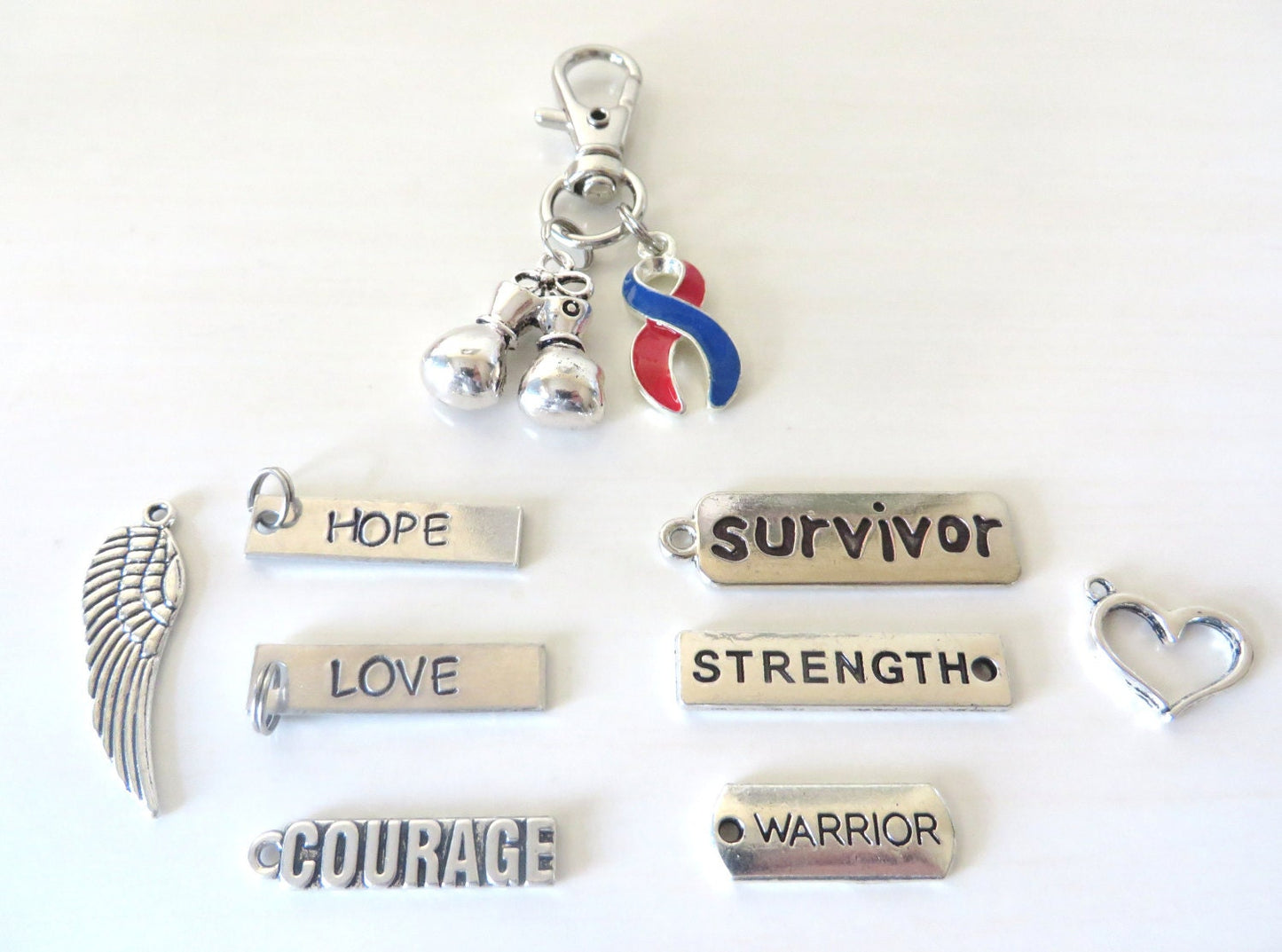 Red and Blue Awareness Zipper Pull Key Chain YOU Select Charms Congenital Heart Disease Pulmonary Fibrosis SADS Left Heart Syndrome