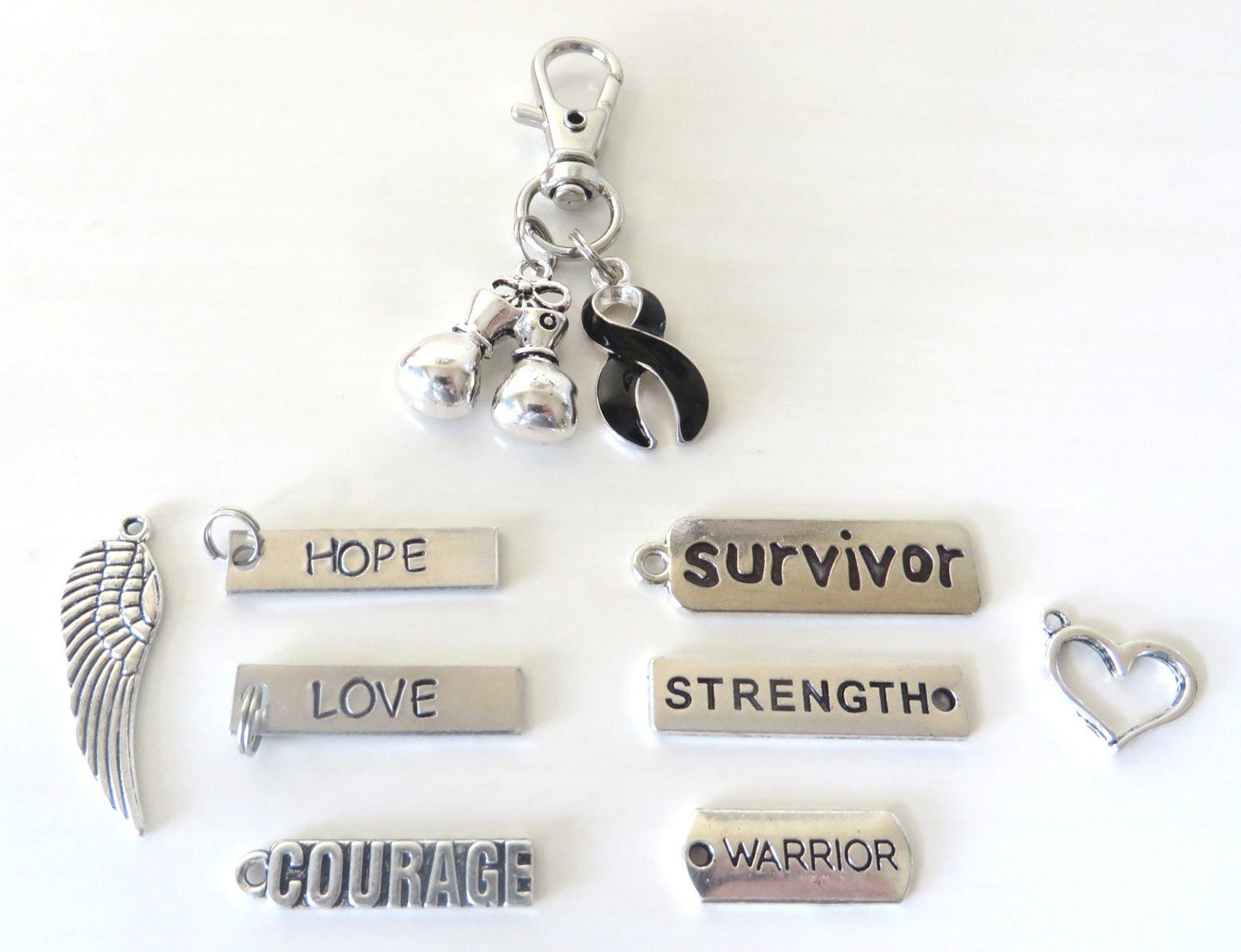 Black Awareness Zipper Pull Key Chain YOU Select Charms Melanoma Skin Cancer
