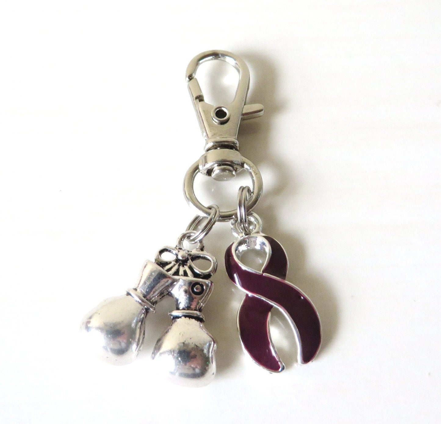 Burgundy Awareness Zipper Pull Key Chain YOU Select Charms Multiple Myeloma Oral Cancer Aneurysm Headaches Migraines Amyloidosis