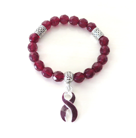 Burgundy Awareness Ribbon Infinity Glass Beaded Stretch Bracelet Multiple Myeloma Oral Cancer Brain Aneurysm Migraine Amyloidosis Diasabled