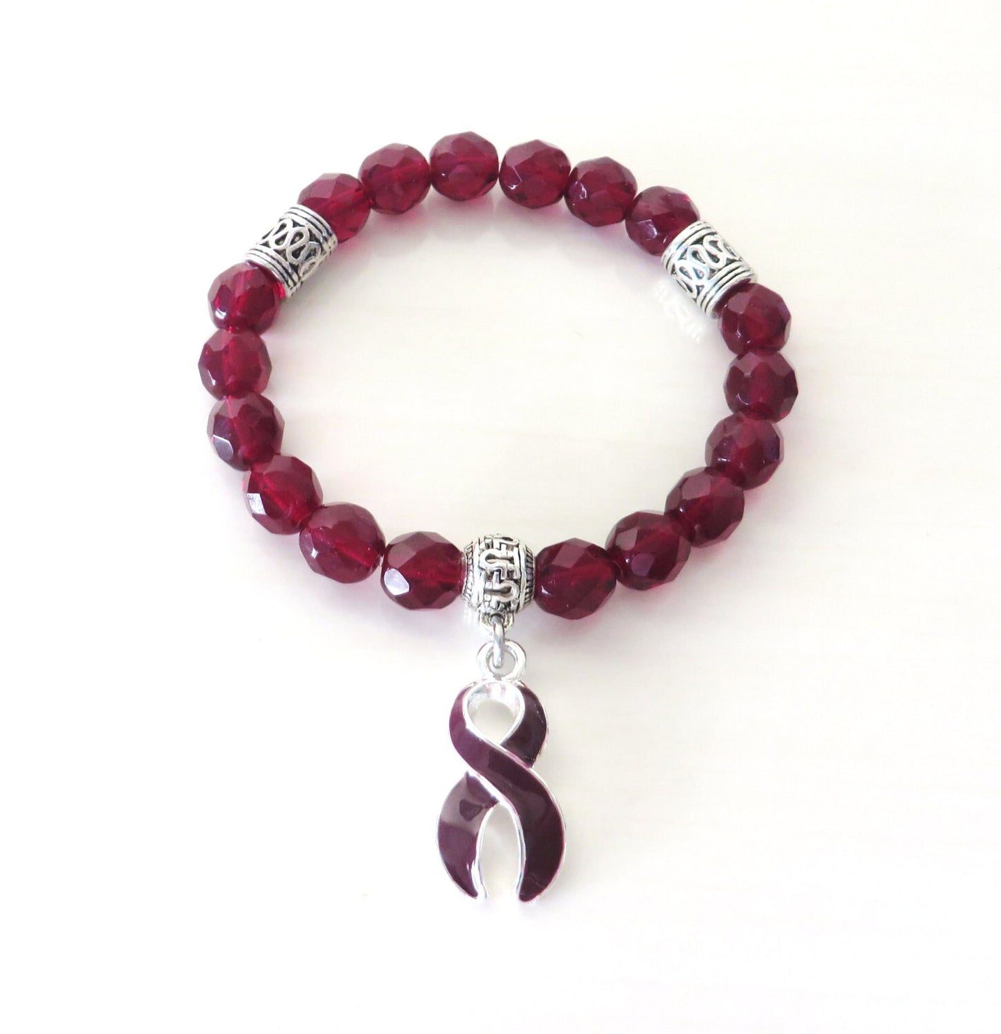 Burgundy Awareness Ribbon Infinity Glass Beaded Stretch Bracelet Multiple Myeloma Oral Cancer Brain Aneurysm Migraine Amyloidosis Diasabled