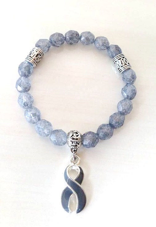 Grey Awareness Ribbon Infinity Glass Beaded Stretch Bracelet