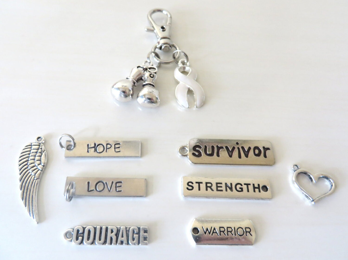White Awareness Zipper Pull Key Chain YOU Select Charms Lung Cancer Multiple Hereditary Exostoses Awareness SCID
