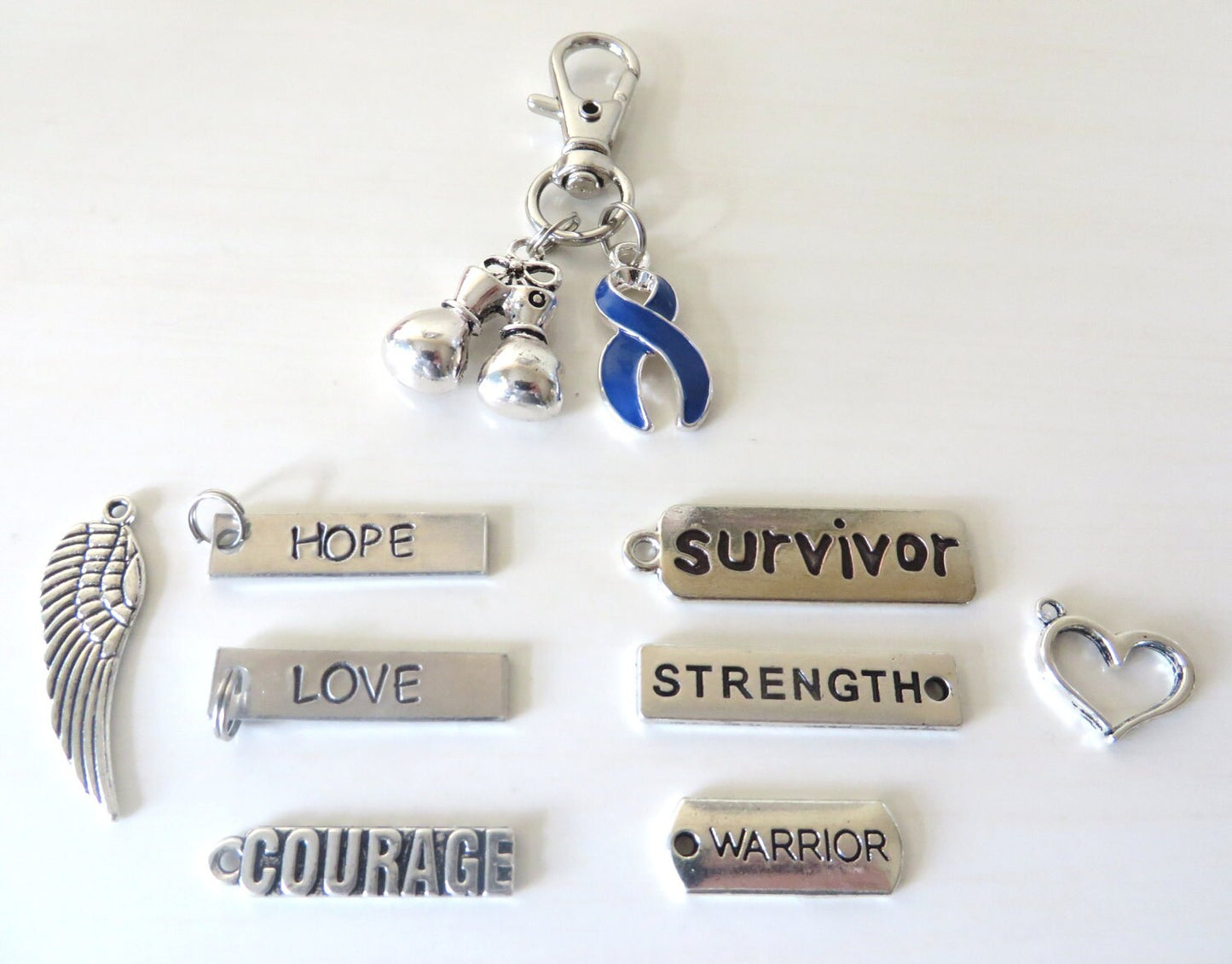 Blue Awareness Zipper Pull Key Chain YOU Select Charms Colon Cancer Arthritis Dystonia Chronic Fatigue Encephalopathy Child Abuse