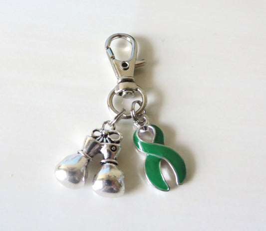 Green Awareness Zipper Pull Key Chain YOU Select Charms  Kidney Trasplant Disease Lyme Disease Bipolar CP Organ Tissue Donation Tourettes
