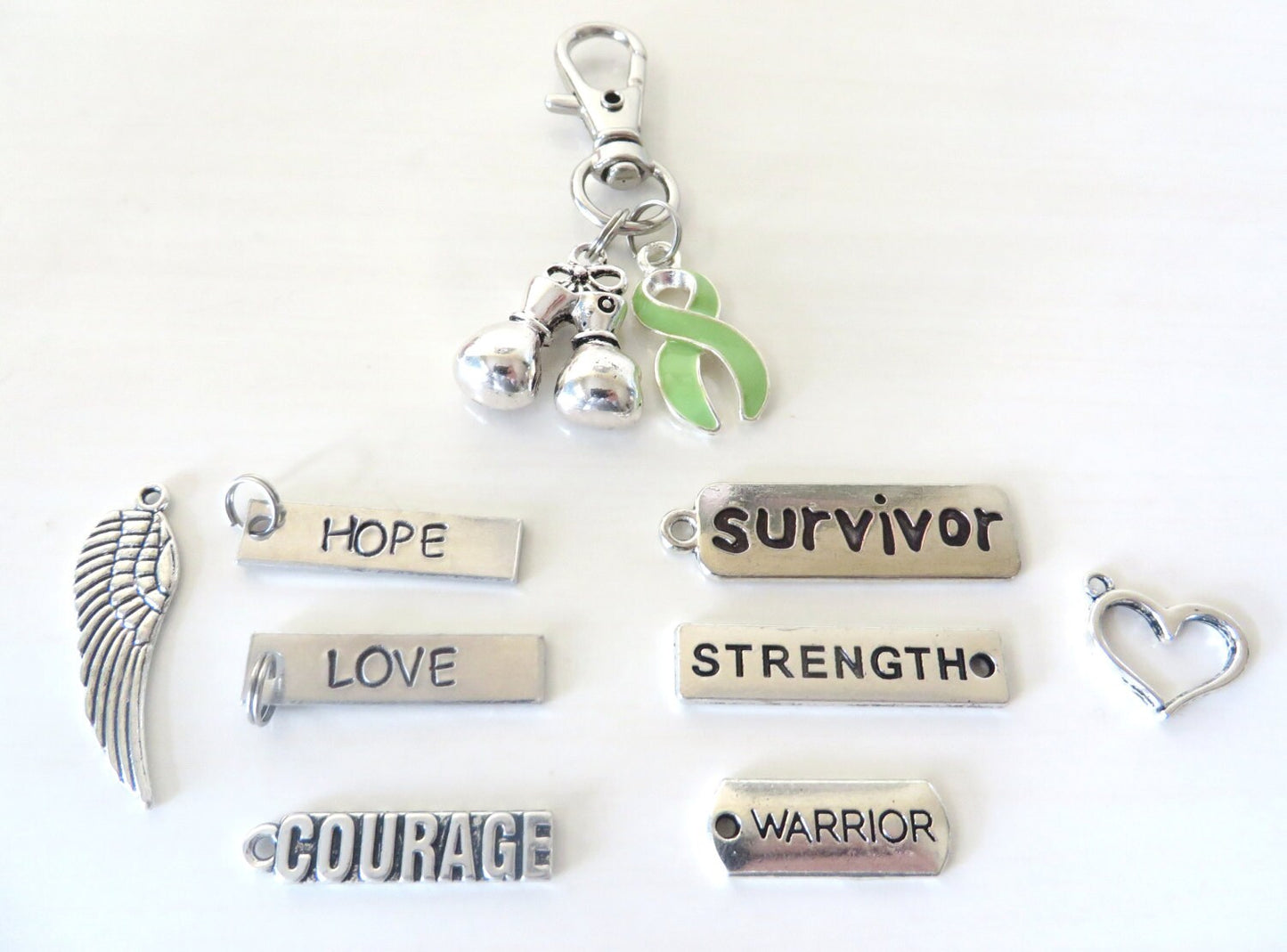 Lime Green Lymphoma Awareness Zipper Pull Key Chain YOU Select Charms