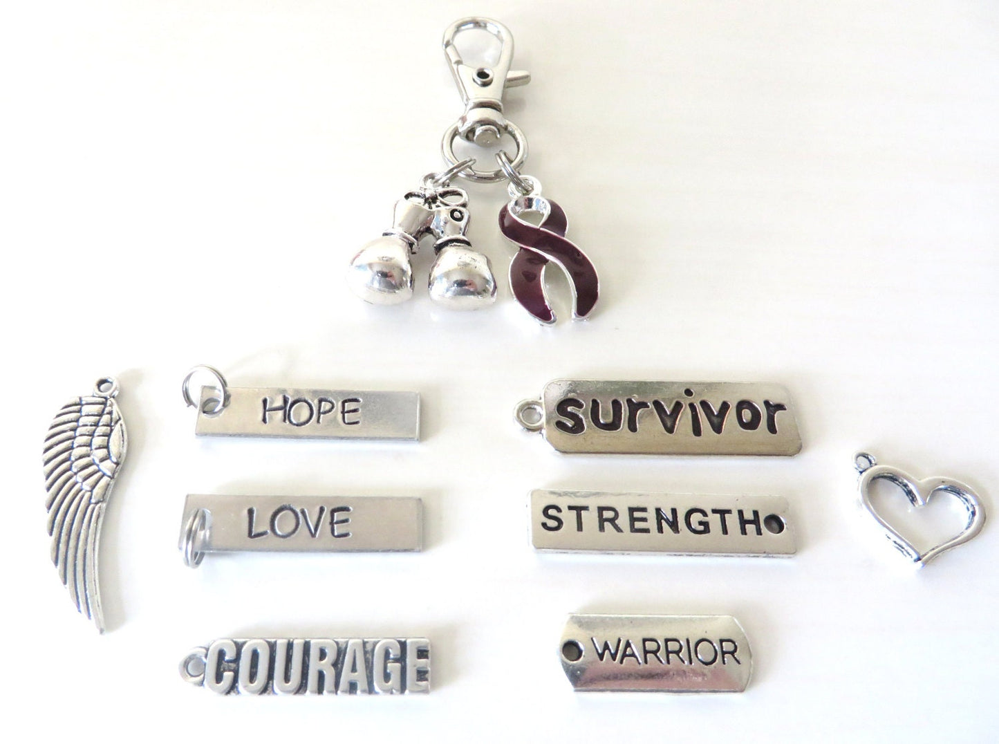 Burgundy Awareness Zipper Pull Key Chain YOU Select Charms Multiple Myeloma Oral Cancer Aneurysm Headaches Migraines Amyloidosis