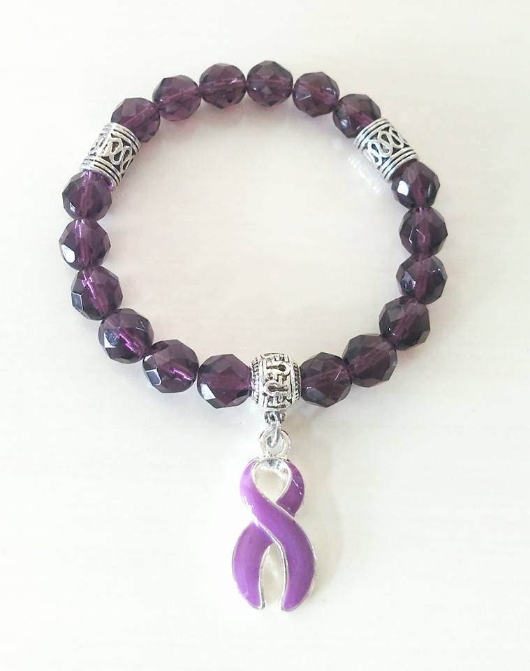 Purple Awareness Ribbon Beaded Charm Bracelet Pancreatic Cancer Alzheimers Dementia Crohns Disease Domestic Violence Foster Care Sarcoidosis