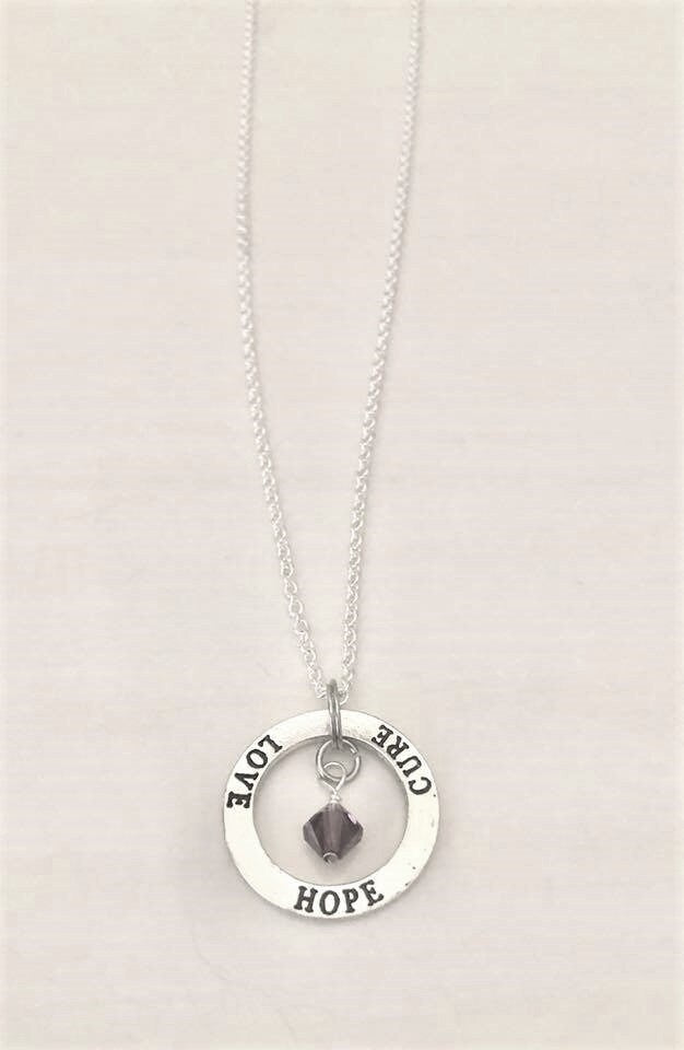Purple Awareness Hope Love Cure Crystal Necklace Pancreatic Cancer Alzheimers Dementia Crohns You Select Chain Length