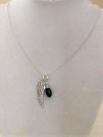 Black Melanoma Skin Cancer Awareness Angel Wing Pendant Sterling Silver Necklace You Select Chain Length