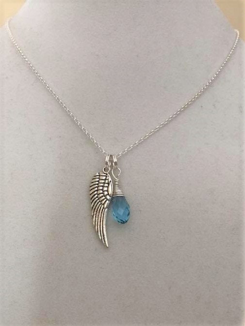 Prostate Cancer Light Blue Crystal Awareness Angel Wing Pendant Sterling Silver Necklace You Select Chain Length