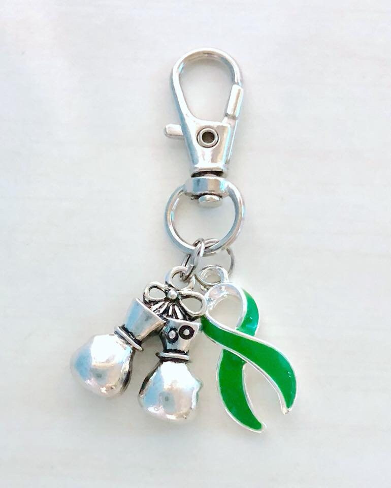 Emerald Awareness Zipper Pull Key Chain YOU Select Charms Liver Cancer Celiac Disease