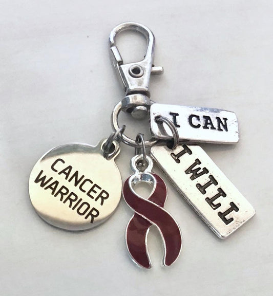 Burgundy Cancer Warrior Key Chain Zipper Pull Multiple Myeloma Oral Cancer I Can I Will