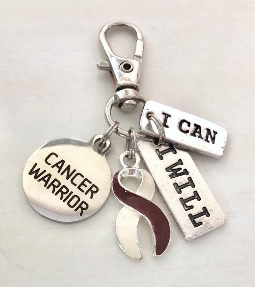 Head and Neck Cancer Warrior Red Ivory Beige Key Chain Zipper Pull I Can I Will