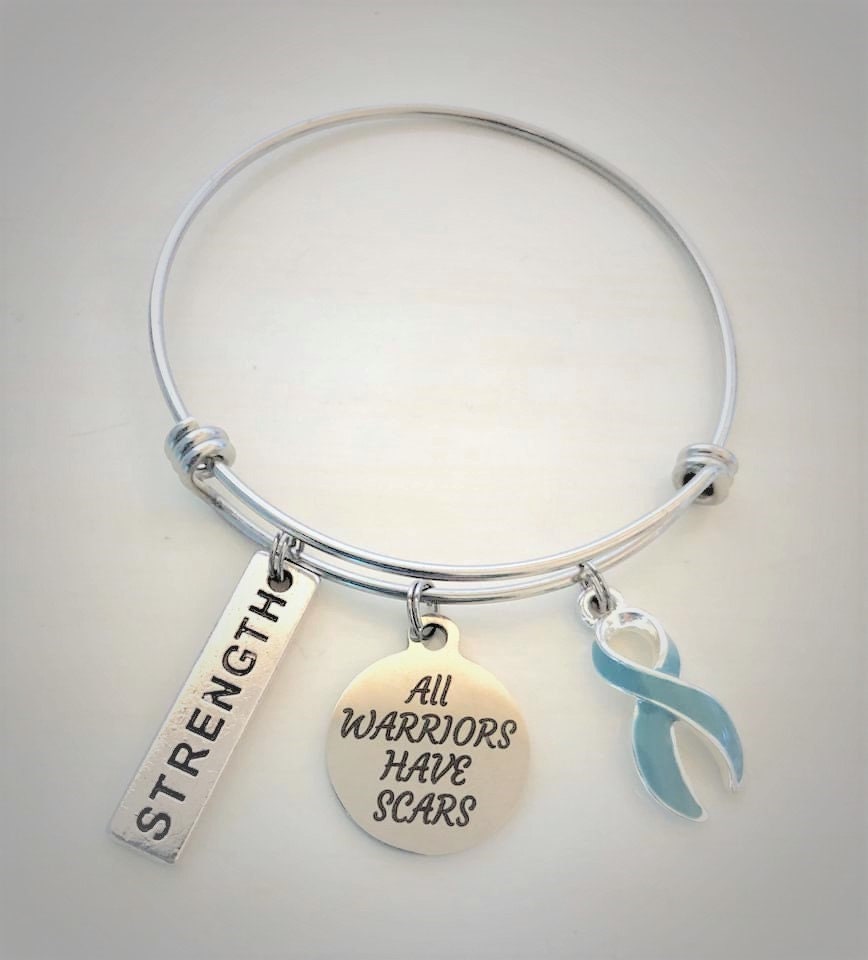 Teal All Warriors Have Scars Stainless Steel Strength Bangle Bracelet You Select Bangle Size Ovarian Cancer Anxiety PTSD Tourettes