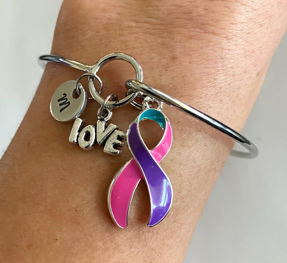 Thyroid Cancer/Disease LOVE HOPE Customizable Awareness Ribbon Bangle Bracelet With Optional Love Hope and Letter Charm