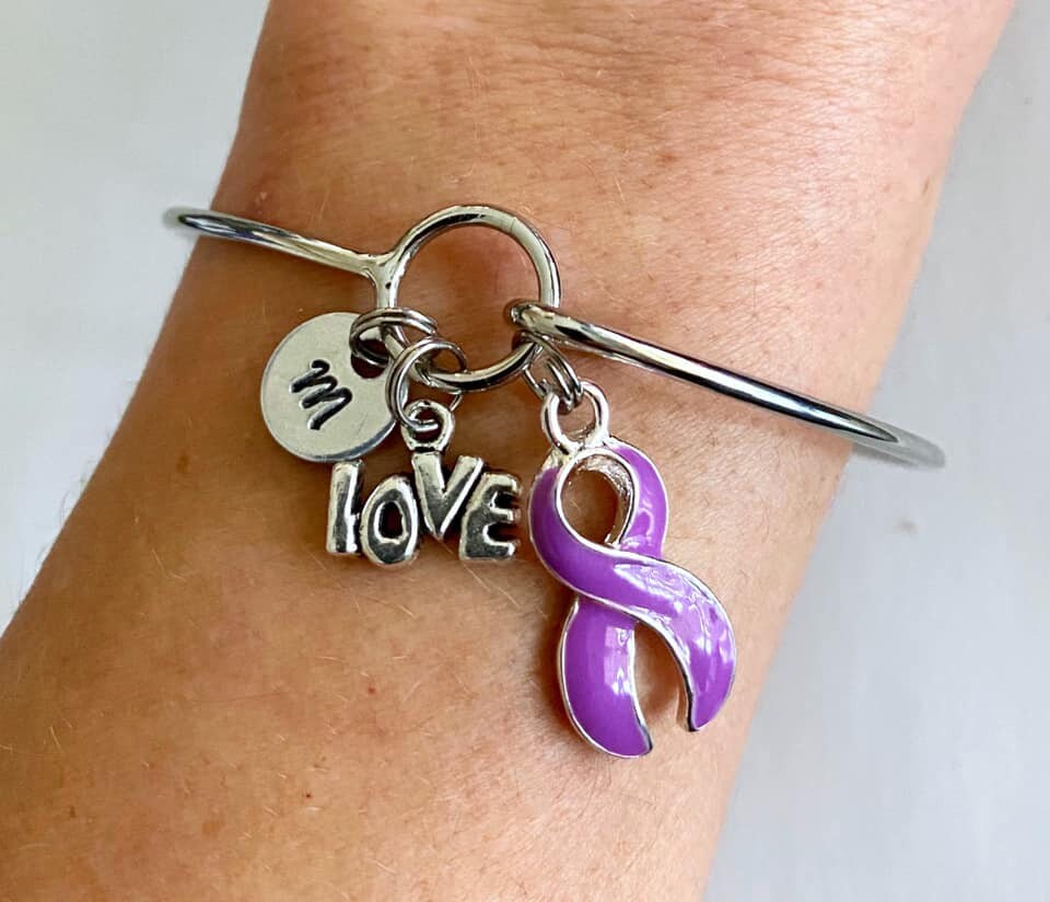 Purple LOVE HOPE Customizable Awareness Ribbon Charm Bangle Bracelet With Optional Love Hope and Letter Charm