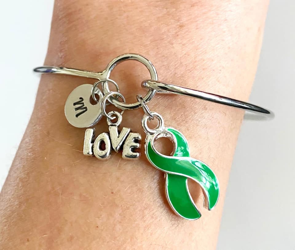 Green LOVE HOPE Customizable Awareness Ribbon Charm Bangle Bracelet With Optional Love Hope and Letter Charm