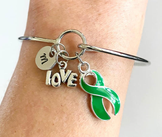 Green LOVE HOPE Customizable Awareness Ribbon Charm Bangle Bracelet With Optional Love Hope and Letter Charm