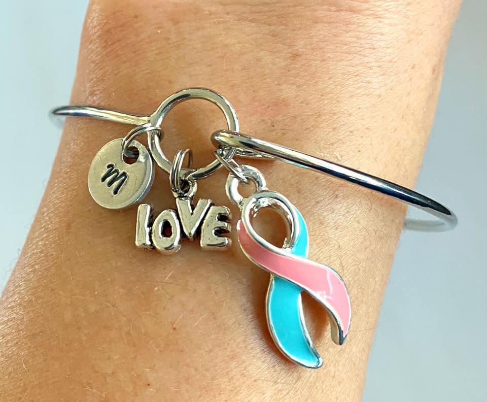 Pink Blue LOVE HOPE Customizable Awareness Ribbon Charm Bangle Bracelet With Optional Love Hope and Letter Charm