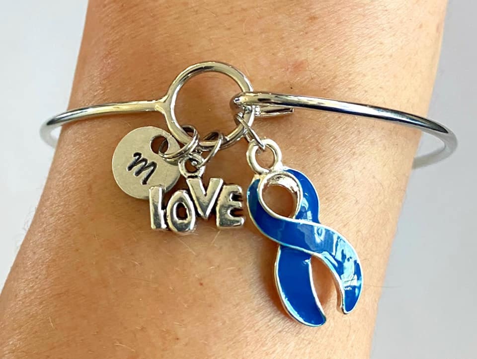 Blue LOVE HOPE Customizable Awareness Ribbon Charm Bangle Bracelet With Optional Love Hope and Letter Charm