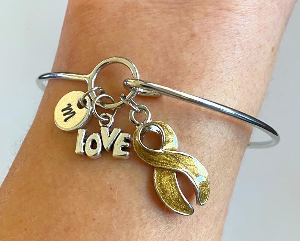 Gold LOVE HOPE Customizable Awareness Charm Bangle Bracelet With Optional Love Hope and Letter Charm