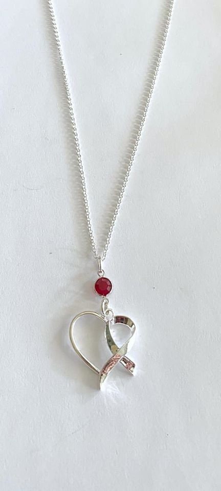 Heart Awareness Ribbon Burgundy Necklace Crystal Sterling Silver You Select Chain Length Multiple Myeloma Aneurysm Oral Cancer Migraine
