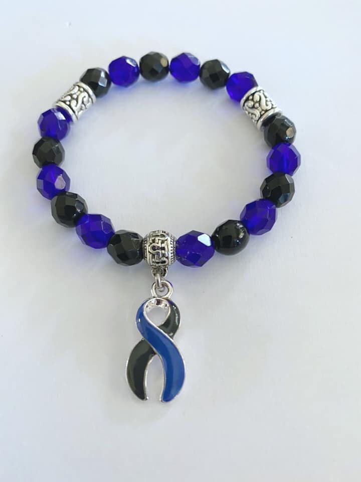 Blue Black Ocular Melanoma Awareness Ribbon Infinity Glass Beaded Stretch Bracelet