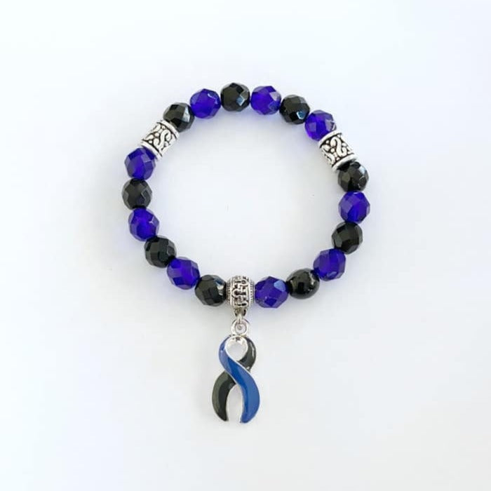 Blue Black Ocular Melanoma Awareness Ribbon Infinity Glass Beaded Stretch Bracelet