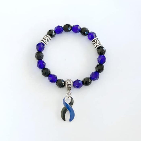 Blue Black Ocular Melanoma Awareness Ribbon Infinity Glass Beaded Stretch Bracelet