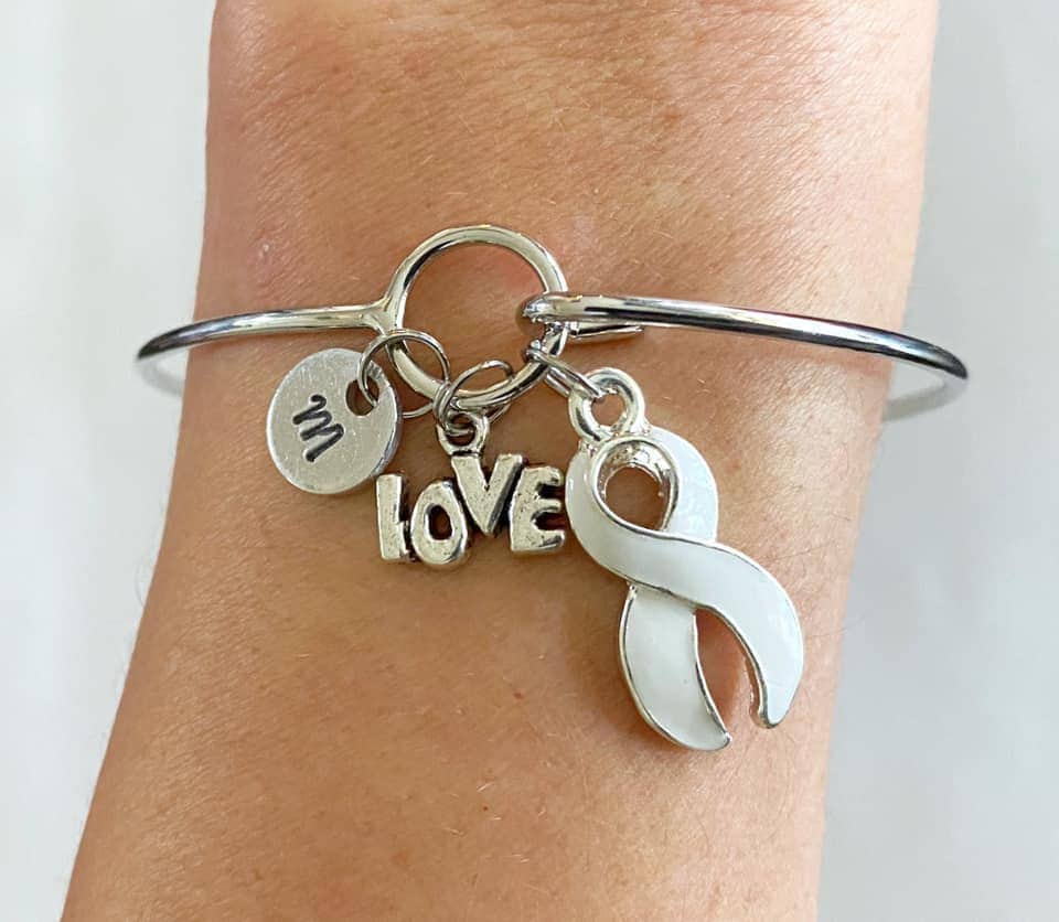 White LOVE HOPE Customizable Awareness Charm Bangle Bracelet With Optional Love Hope and Letter Charm