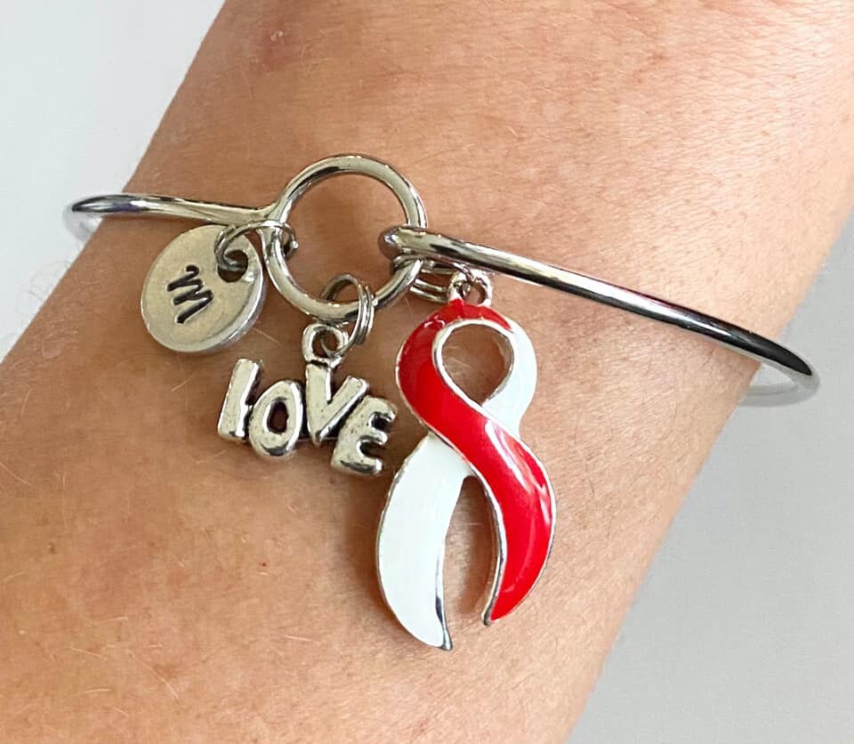 Red and White LOVE HOPE Customizable Awareness Charm Bangle Bracelet With Optional Love Hope and Letter Charm