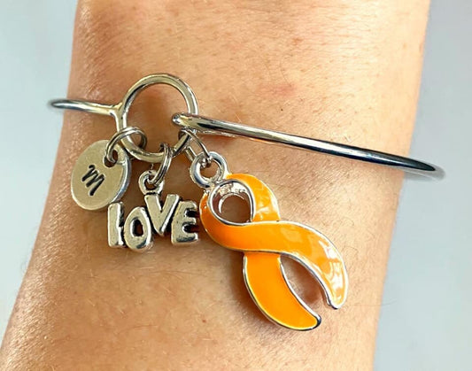 Orange LOVE HOPE Customizable Awareness Charm Bangle Bracelet With Optional Love Hope and Letter Charm