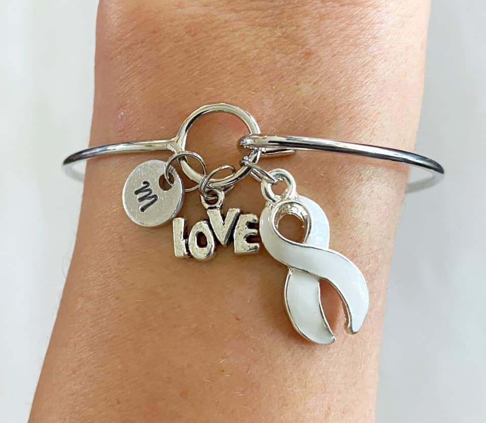 White LOVE HOPE Customizable Awareness Charm Bangle Bracelet With Optional Love Hope and Letter Charm