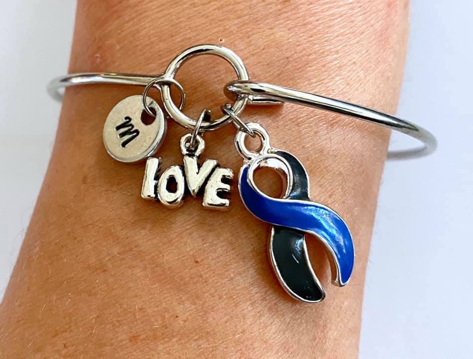 Ocular Melanoma Blue Black LOVE HOPE Customizable Awareness Ribbon Bangle Bracelet With Optional Love Hope and Letter Charm