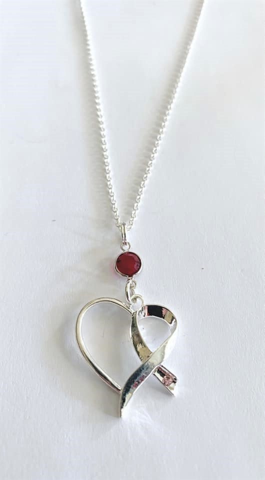 Heart Awareness Ribbon Burgundy Necklace Crystal Sterling Silver You Select Chain Length Multiple Myeloma Aneurysm Oral Cancer Migraine