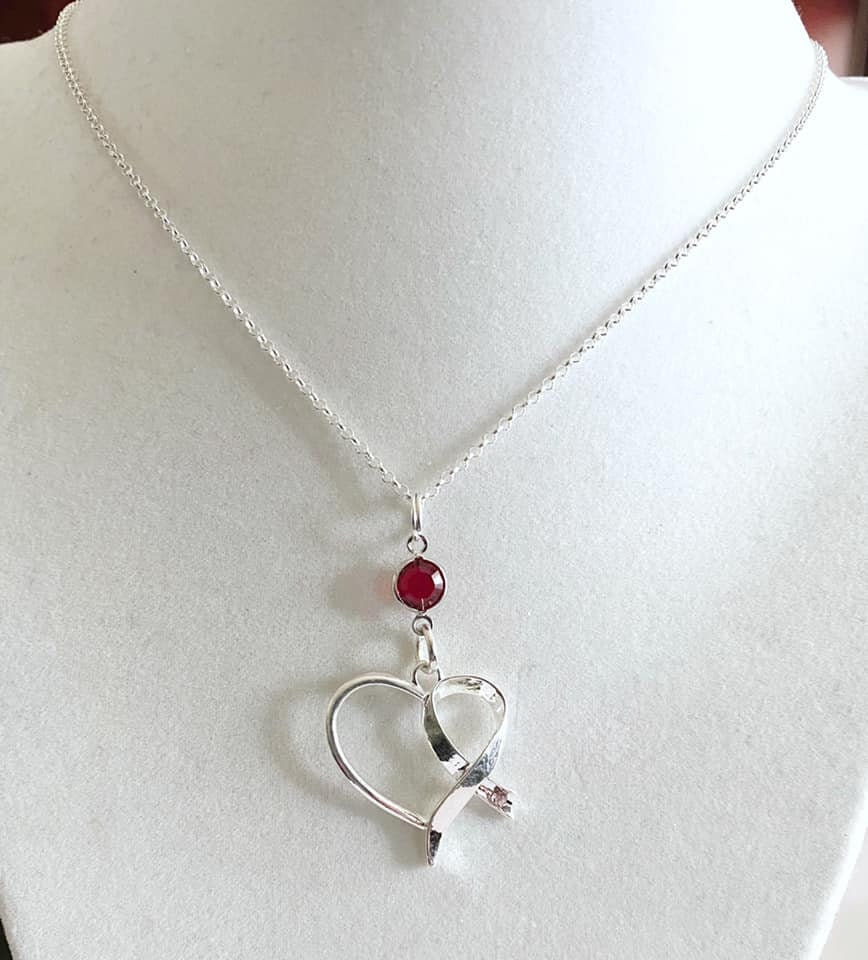 Heart Awareness Ribbon Burgundy Necklace Crystal Sterling Silver You Select Chain Length Multiple Myeloma Aneurysm Oral Cancer Migraine
