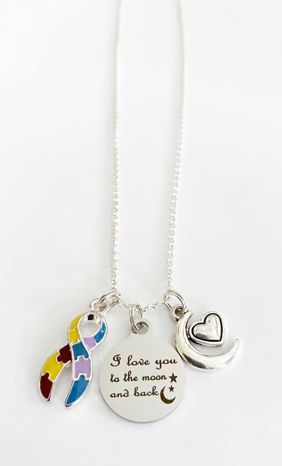 Autism Spectrum Awareness Ribbon I Love You To the Moon and Back Laser Engraved Necklace You Select Chain Material and Length