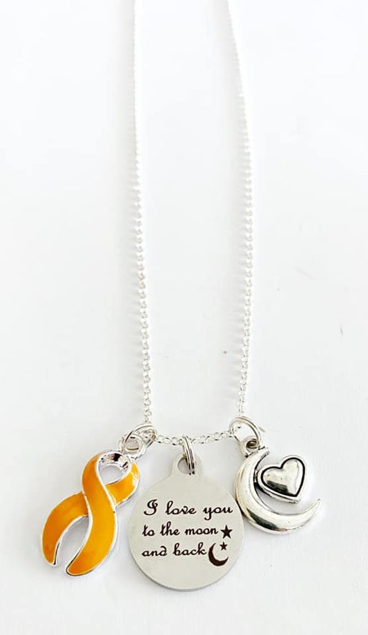 Orange Awareness Ribbon I Love You To the Moon and Back Laser Engraved Necklace You Select Chain Material and Length
