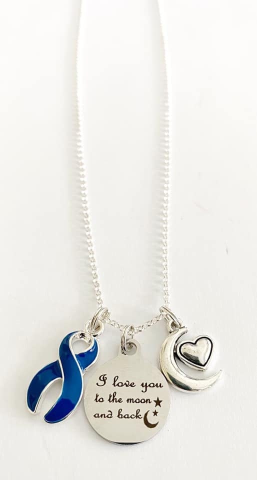 Blue Awareness Ribbon I Love You To the Moon and Back Charm Laser Engraved Necklace You Select Chain Material and Length