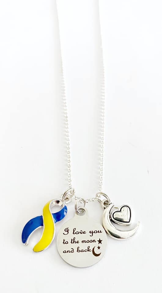 Down Syndrome Awareness Ribbon I Love You To the Moon and Back Laser Engraved Necklace You Select Chain Material and Length
