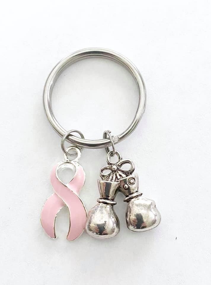 Pink Awareness Strength Boxing Glove Key Chain Key Ring With Pink Ribbon Charm Breast Cancer Testicular Cancer