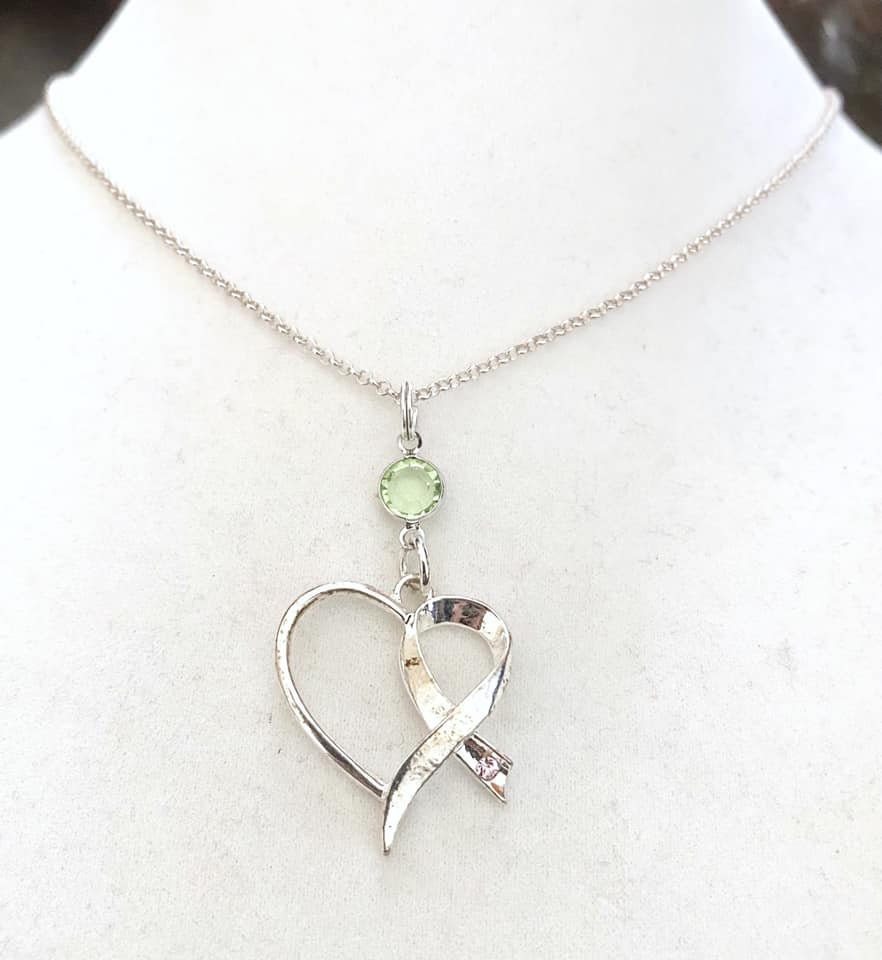 Lymphoma Heart Awareness Ribbon Lime Green Peridot Necklace Crystal Sterling Silver You Select Chain Length